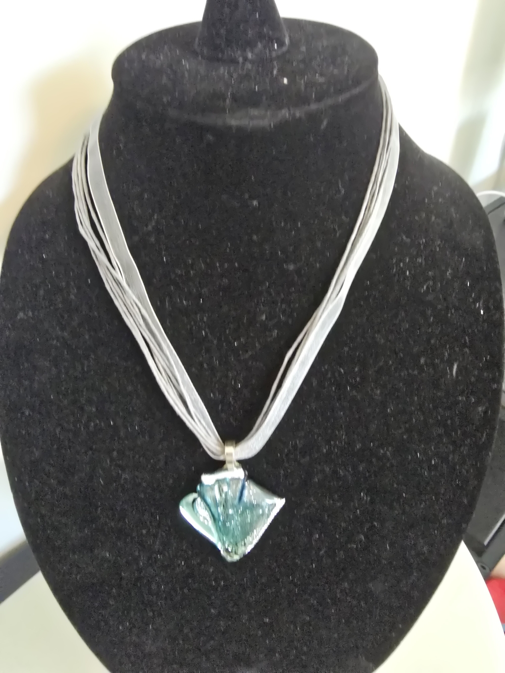 Handcrafted Silver-Tone Necklace with Light Blue Glass Pendant & Earrings Set